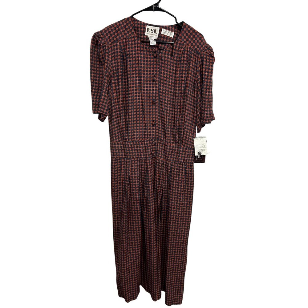 Vintage KSL Karin Stevens Pleated Dress Red Blue Sz 20W Geometric Pattern NWT